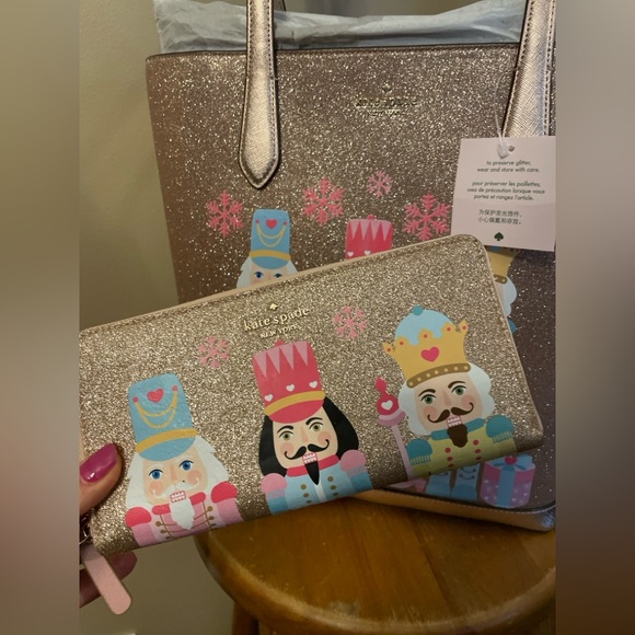 Kate Spade Nutcracker Glitter Tinsel Tote in Rose Gold +Matching Wallet Bundle! - Picture 2 of 10